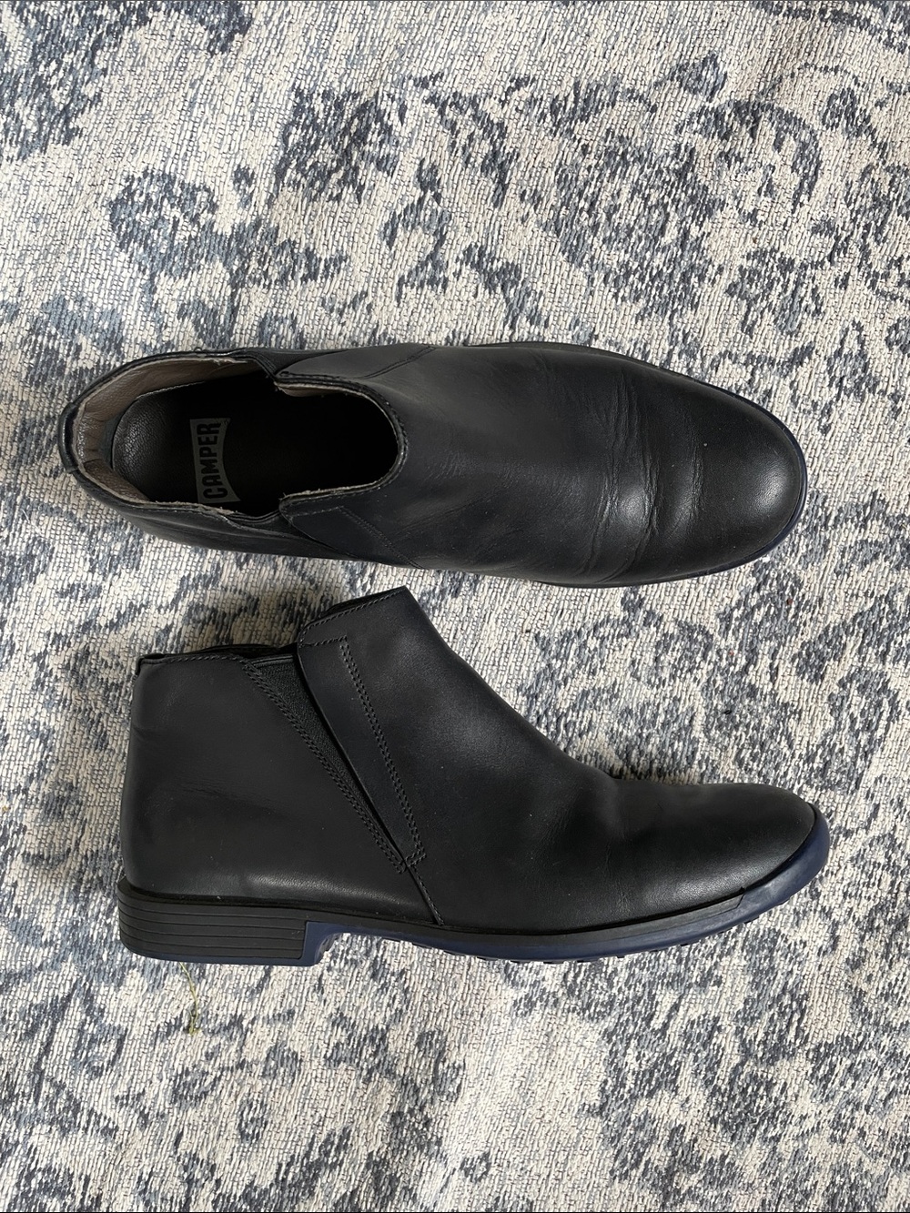 Camper Men's Black Leather Boots with Subtle Blue Sole Accent